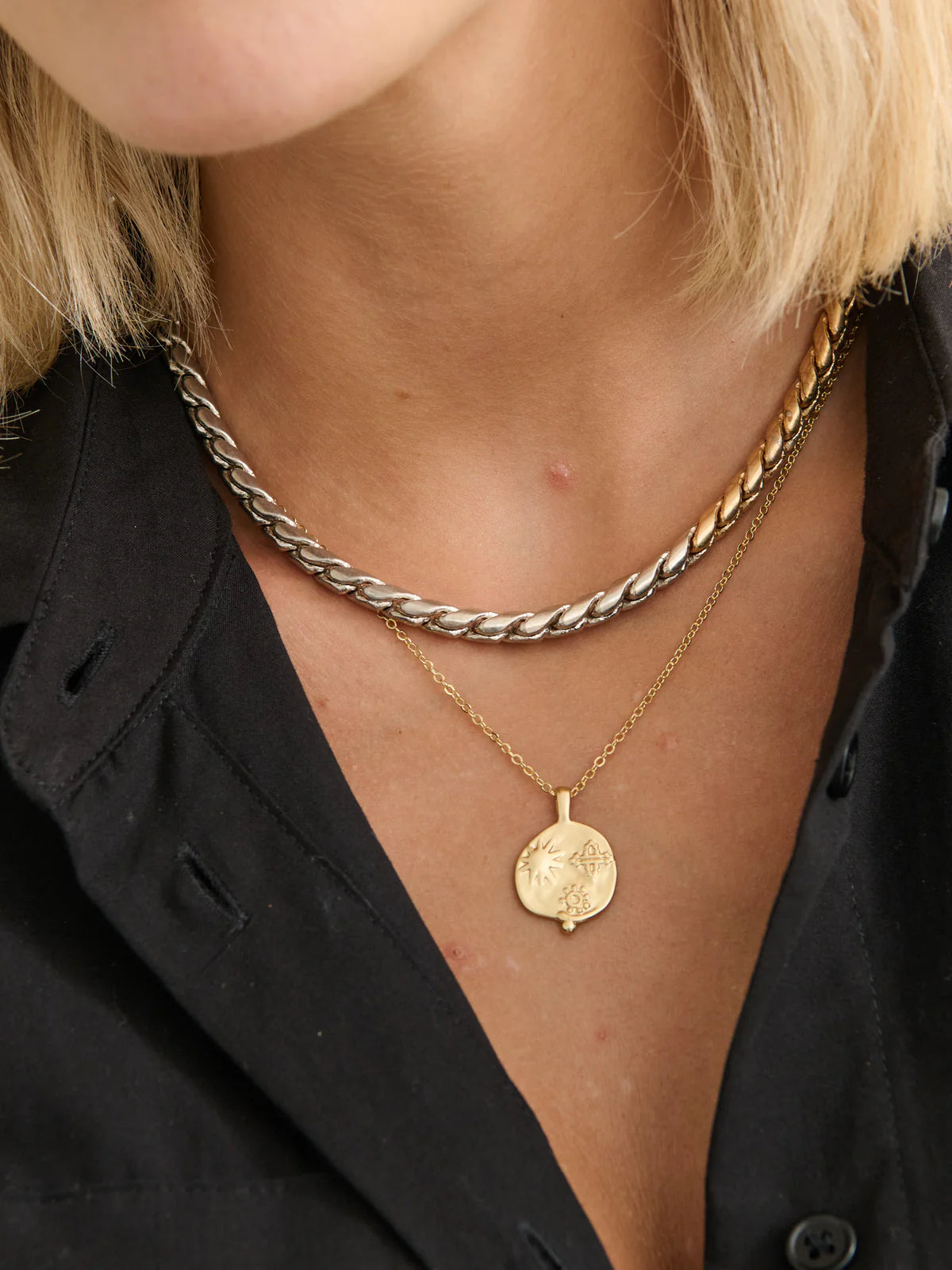 Ocean Coin Matte Charm Necklace - 18k Gold plated & Sterling Silver