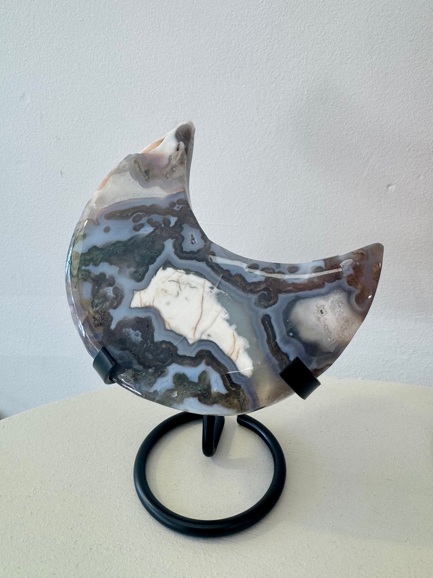 Moss Agate Moon on stand
