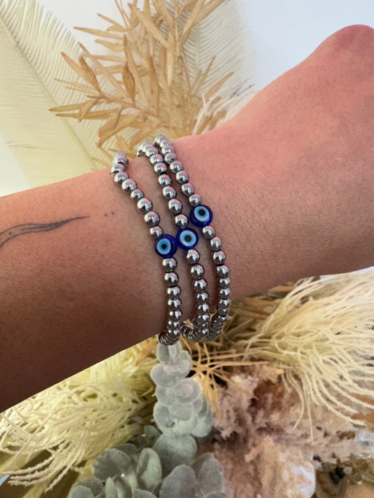 Evil Eye Silver Beaded Bracelet