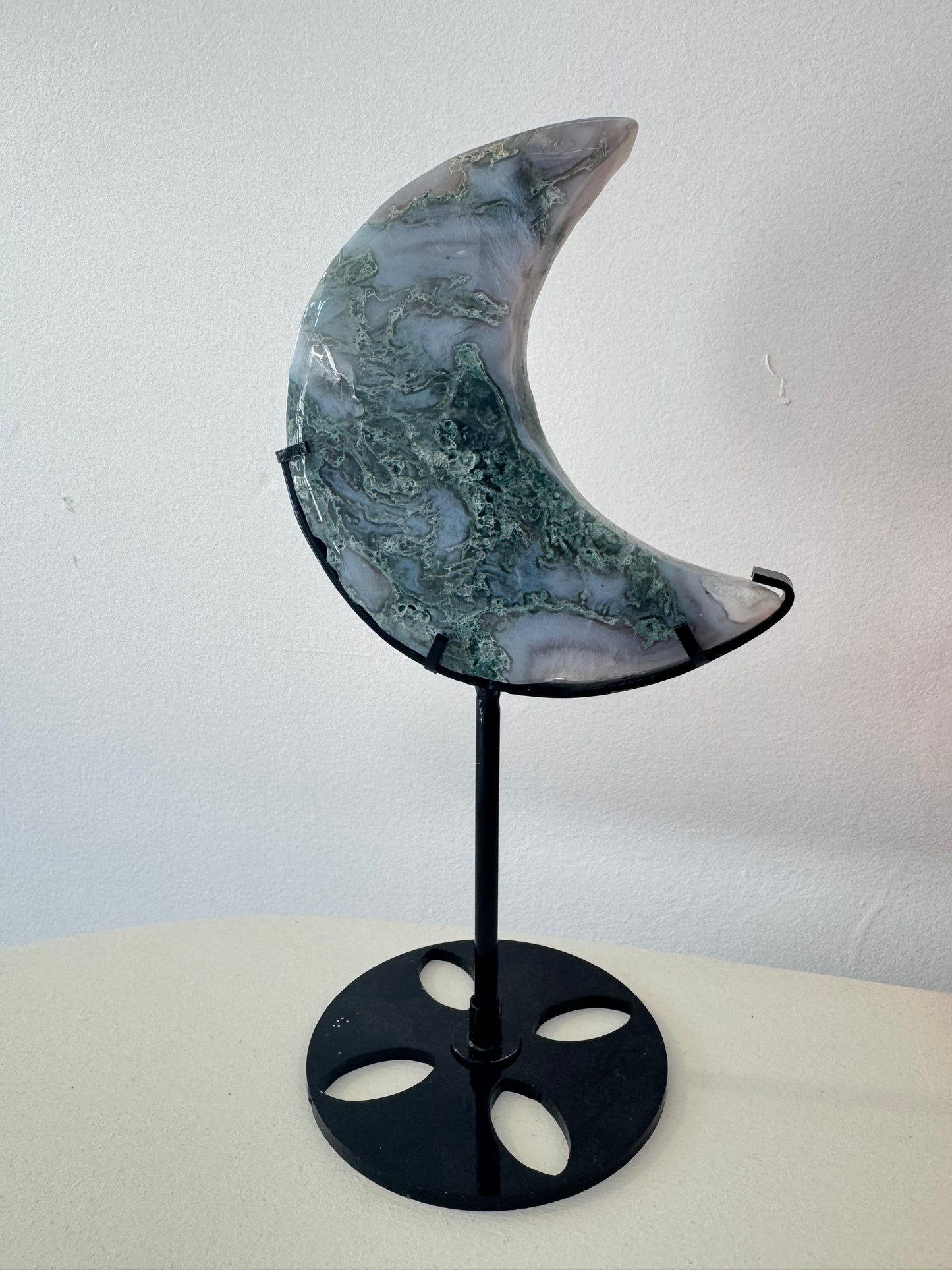 Moss Agate Moon on stand