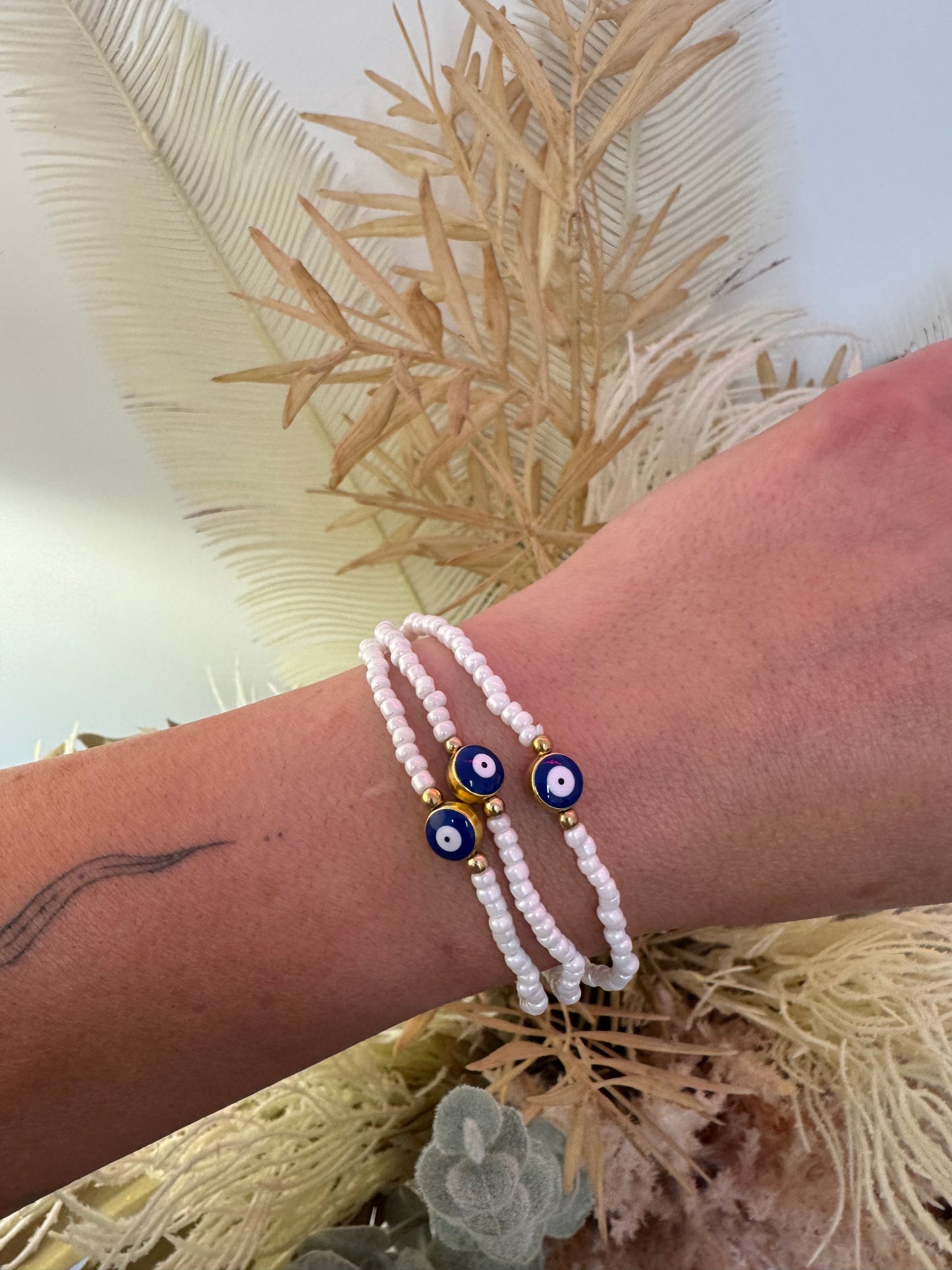 Evil Eye White Beaded Bracelet