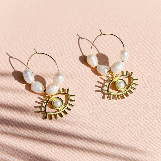 Gold Eye Pearl Hoops