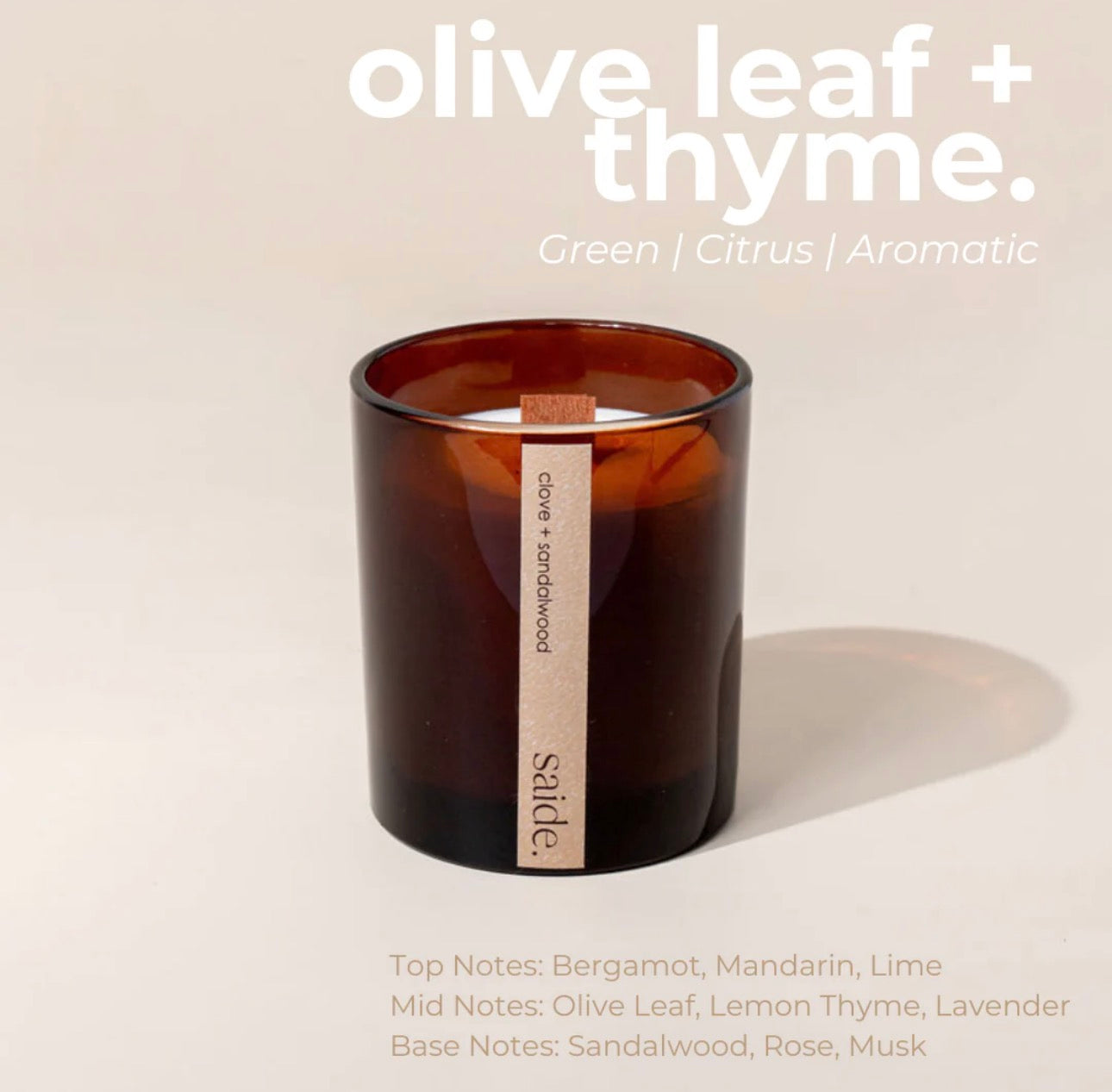 Saide - Amber wood wick candle - Olive leaf + Thyme