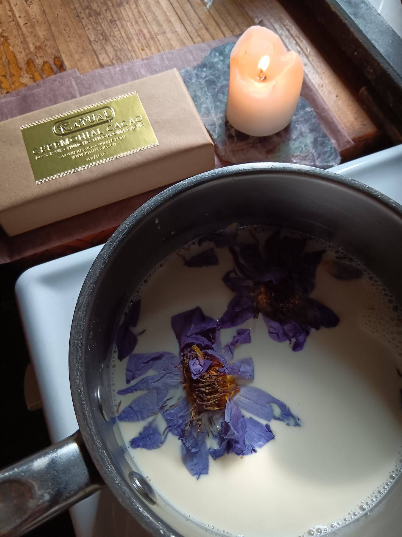 1 LB Ceremonial Cacao Block + 1 Pack of Blue Lotus Flowers bundle
