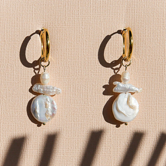 Gold Pearl Huggie Hoops