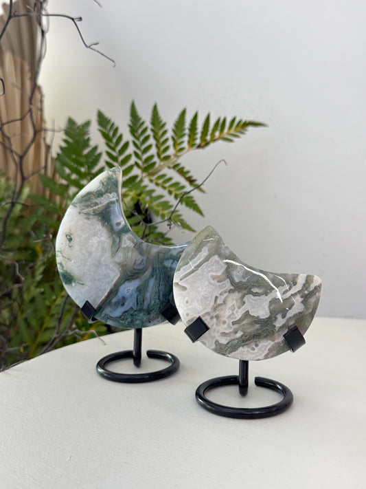 Moss Agate Moon on stand