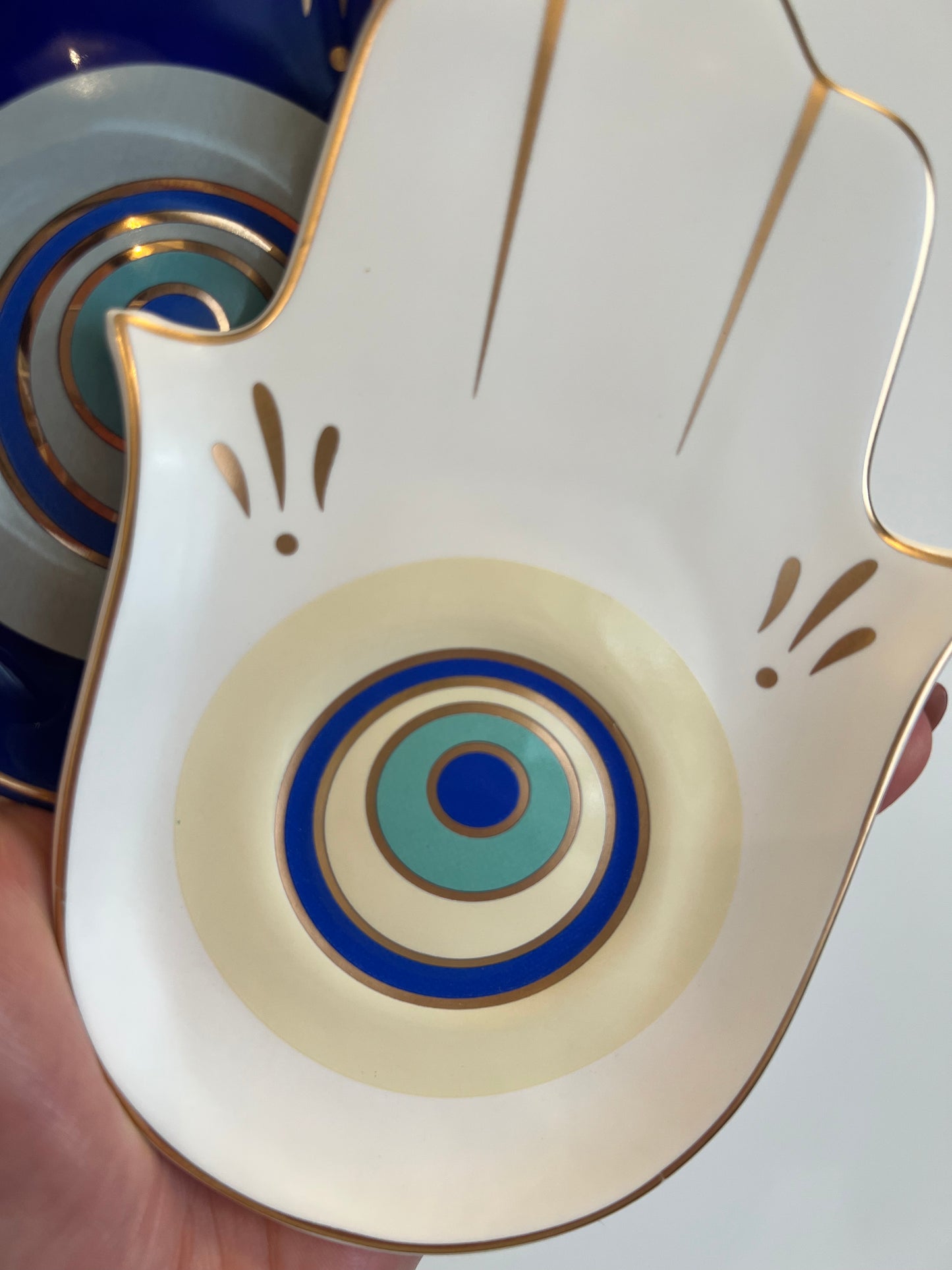 Hamsa Palm & Evil Eye • Trinket Dish • Blue / White