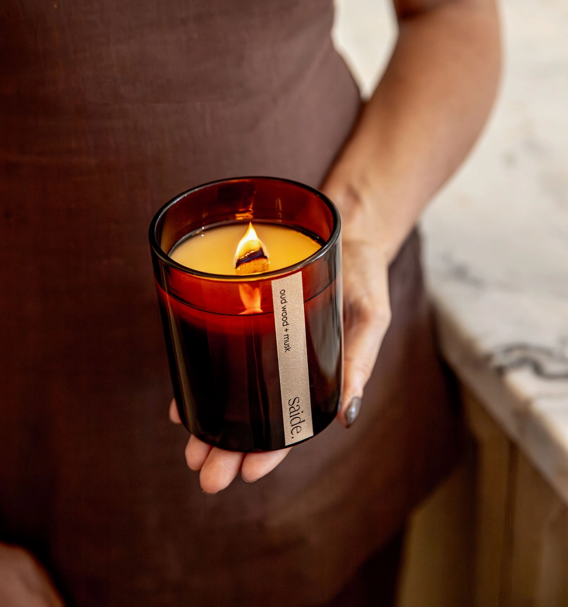 Saide - Amber wood wick candle - Olive leaf + Thyme